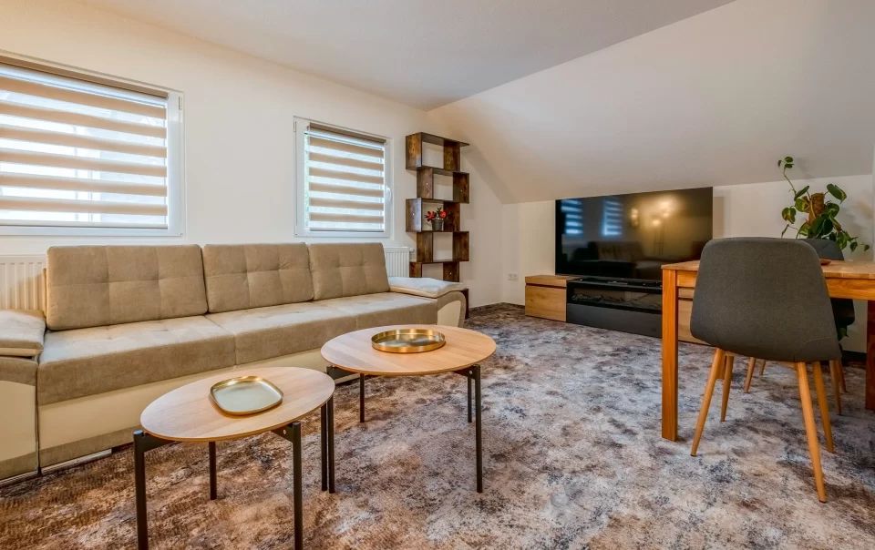 Wohnbereich mit Sofas, Couchtischen und Fernseher