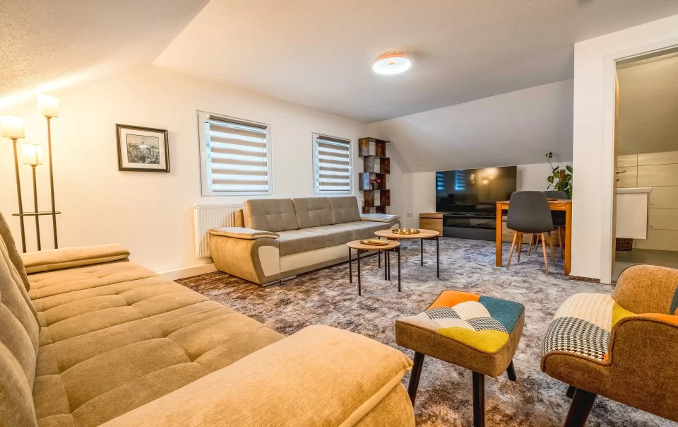 Wohnbereich mit Sofas, Couchtischen und Fernseher