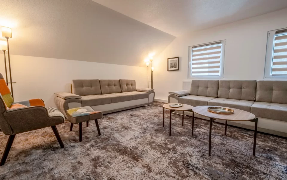 Wohnbereich mit Sofas, Couchtischen und Fernseher