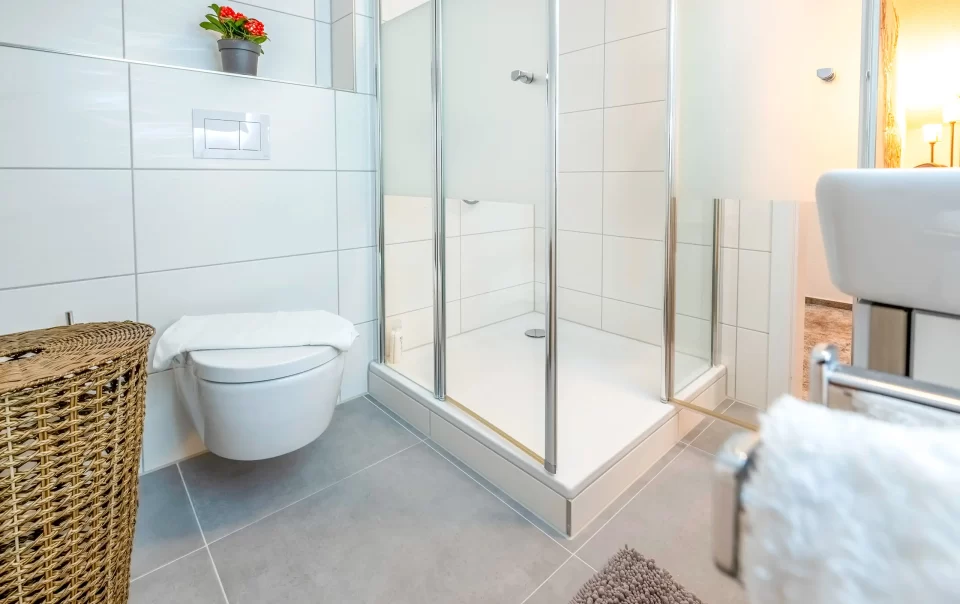 Badezimmer mit Glasduschkabine und Toilette