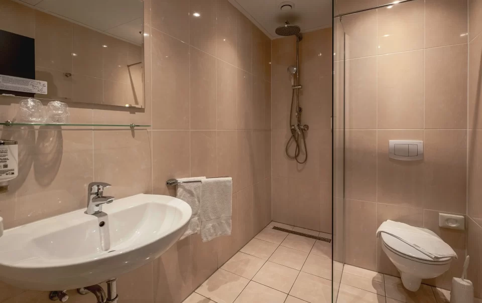 Badkamer met wastafel en inloopdouche