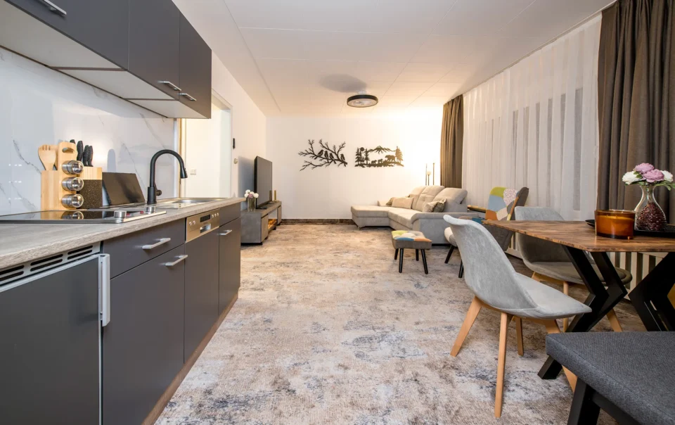 Living area with sofa, armchairs and dining table