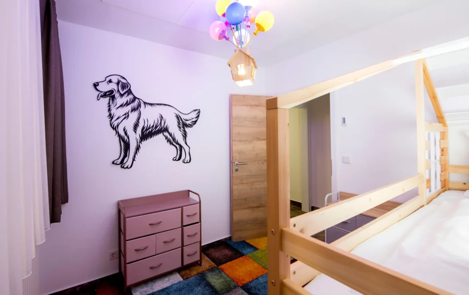 Children's bedroom with a wooden bunk bed and colourful rug