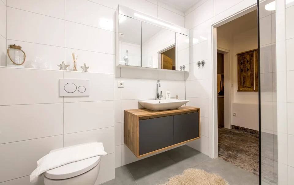 Bathroom with washbasin, mirror and shower