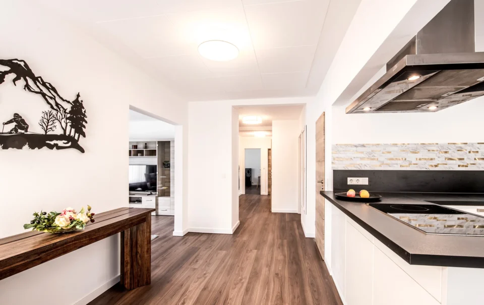 Open kitchen leading towards the living area