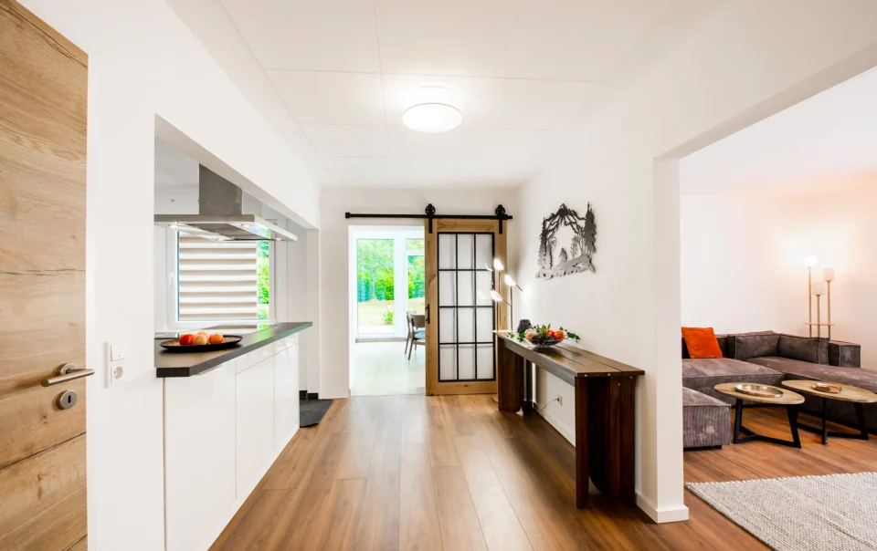 Open kitchen leading towards the living area