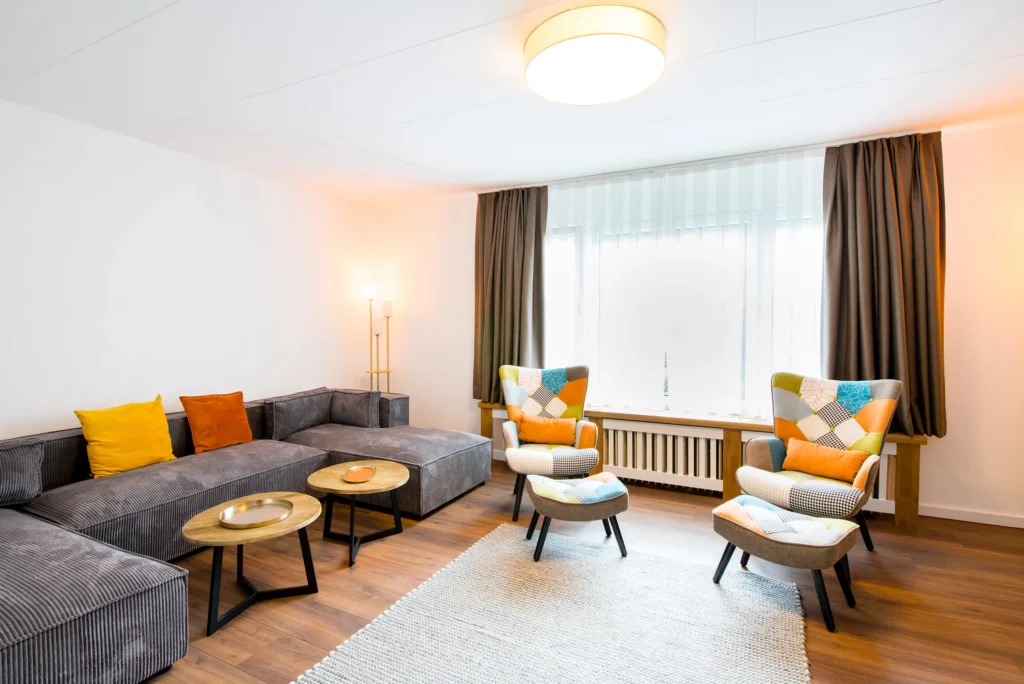 Living area with sofas, armchairs and a large television