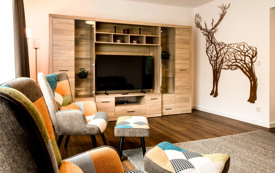 Living area with sofas, armchairs and a large television