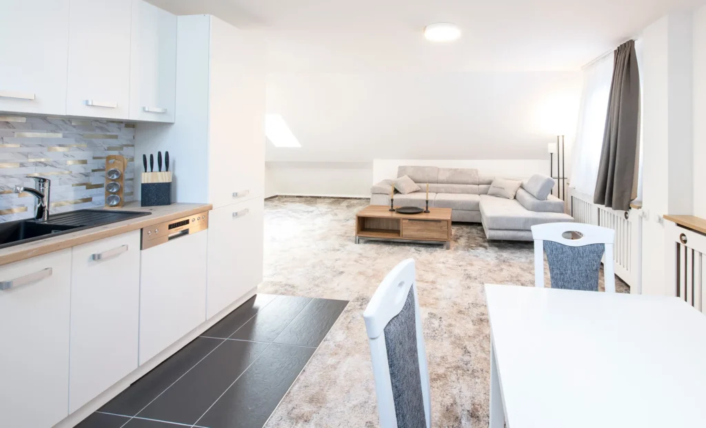 Open kitchen, dining and living area in Apartment 601