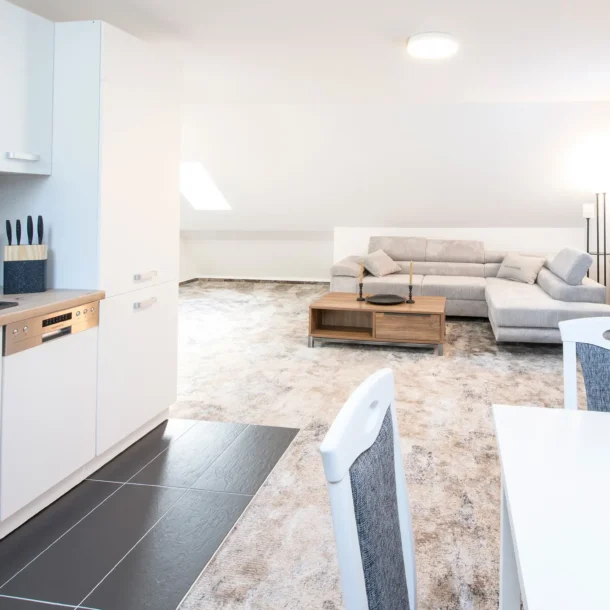 Open kitchen, dining and living area in Apartment 601